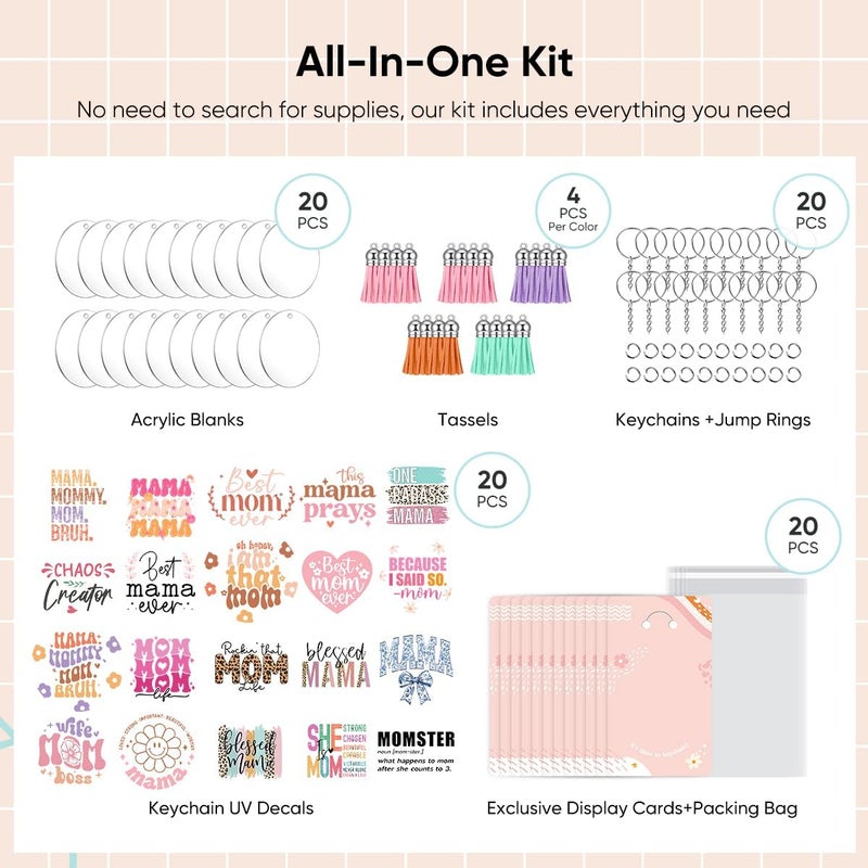 YOPPIX 140 PCS Acrylic Keychain Blank Set, Mama Double-Sided UV DTF Stickers Acrylic Keychain Making Kits for Vinyl DIY Craft Project - Image 3